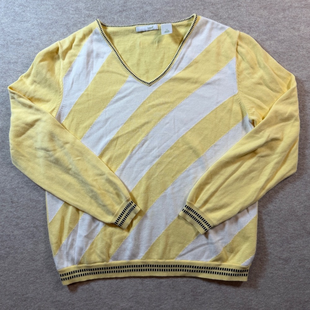 Vintage 80s Lizgolf Liz Claiborne Yellow Striped V-Neck Cotton Sweater M Preppy